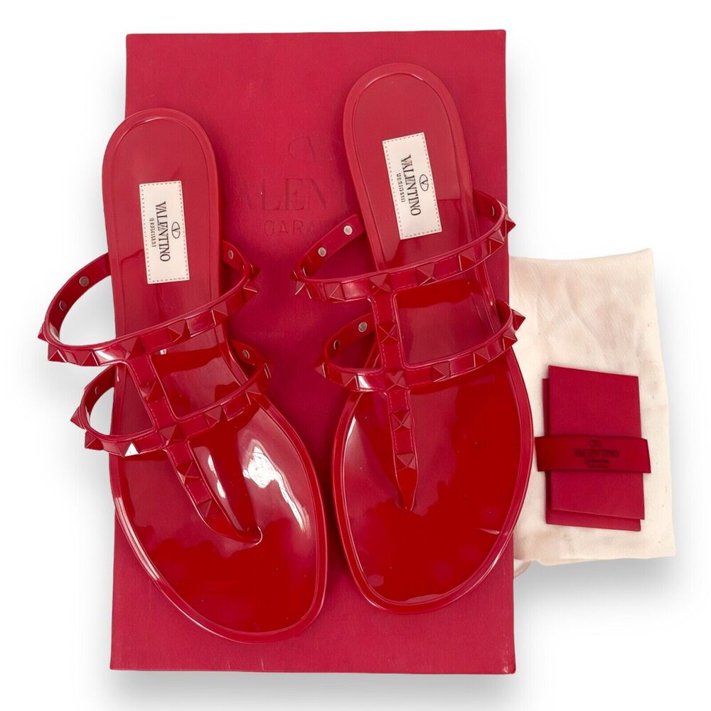 VALENTINO Garavani Womens Shoes Sz 38 Red PVC Jelly Rockstud Caged Thong Sandals